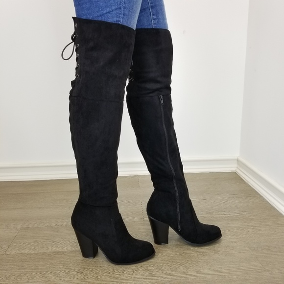 Suede Over the knee heel Boots with lace up back - Picture 2 of 8